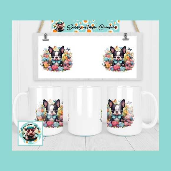 Ceramic Coffee Mug Boston Terrier Puppy Dog Butterflies Flowers 15oz Sublimated - Picture 1 of 4